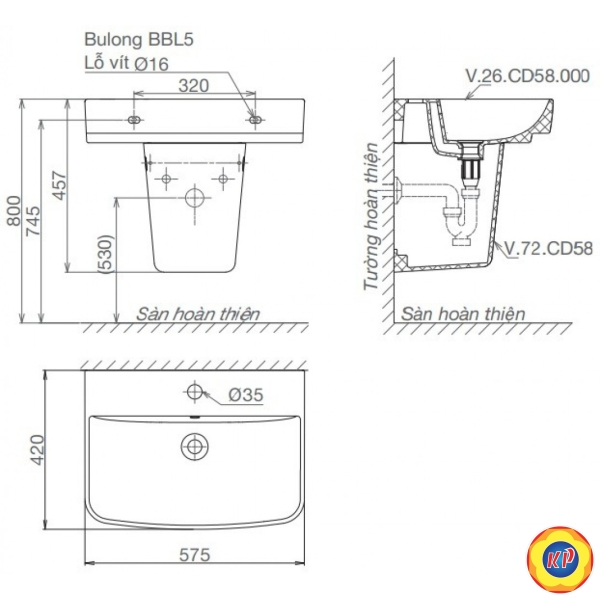 Chậu Lavabo Treo Tường Viglacera Fansipan CD58 (V58)
