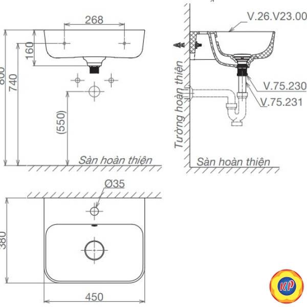 Chậu Rửa Lavabo Viglacera V23 Mekong Chân Ngắn