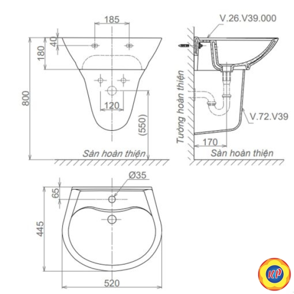 Chậu Lavabo Treo Tường Viglacera V39