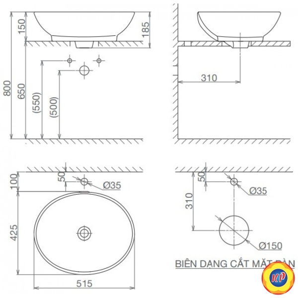 Chậu Rửa Mặt Lavabo Viglacera BS415 Đặt Bàn Đá Oval