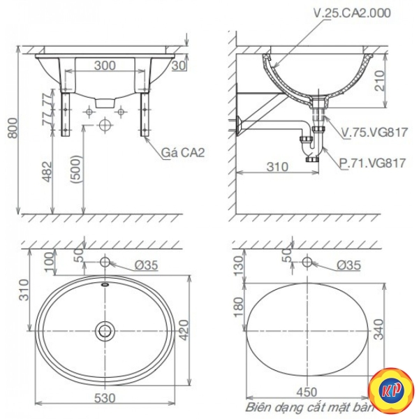 Chậu Lavabo Âm Bàn Viglacera CA2 