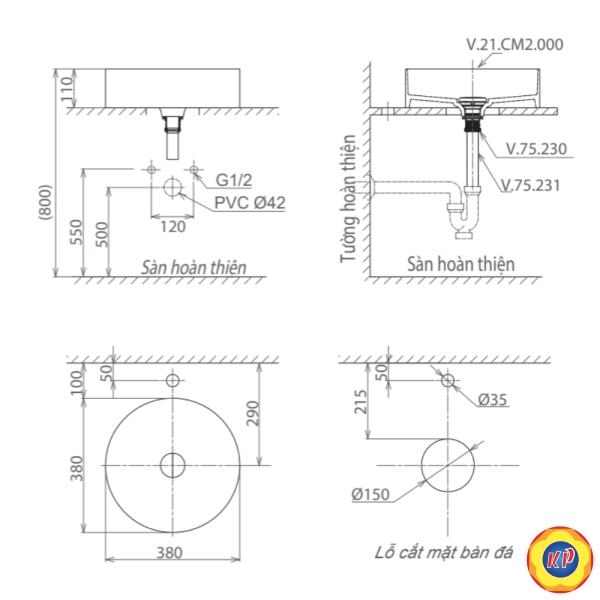 Chậu Rửa Lavabo Viglacera CM02 Đặt Bàn Tròn