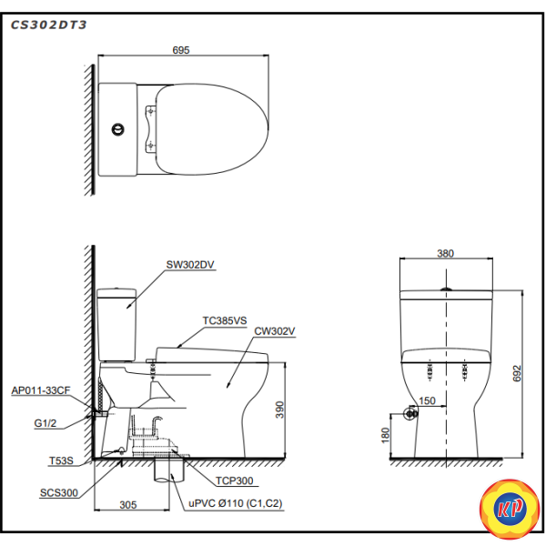 Bồn Cầu TOTO CS302DT3 (CS302DT3) 2 Khối Nắp Êm TC385VS