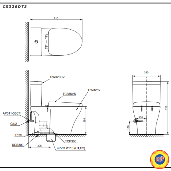 Bồn Cầu TOTO CS326DT3 (CS326DT3) 2 Khối Nắp Êm TC385VS