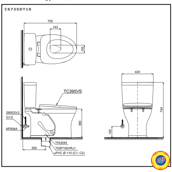 Bồn Cầu TOTO CS735DT10 (CS735DT10) 2 Khối Nắp Êm TC395VS