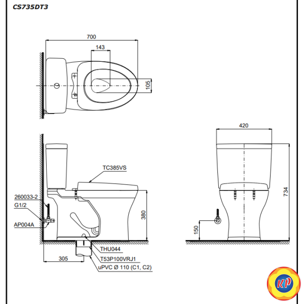 Bồn Cầu TOTO CS735DT3 (CS735DT3) 2 Khối Nắp Êm TC385VS