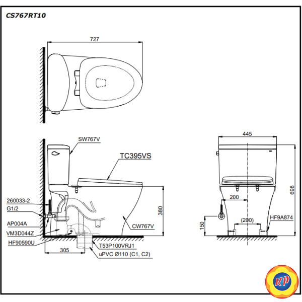Bồn Cầu TOTO CS767RT10 (CS767RT10) 2 Khối Nắp Êm TC395VS