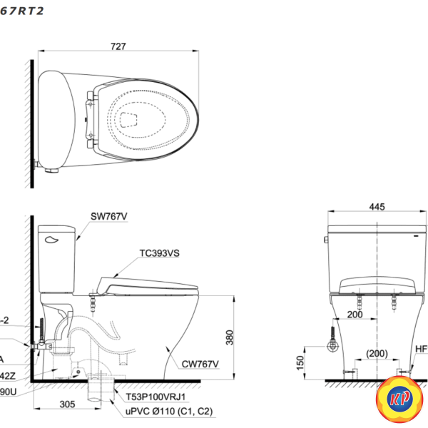 Bồn Cầu TOTO CS767RT2 (CS767RT2) 2 Khối Nắp Êm TC393VS
