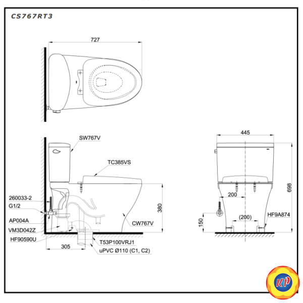 Bồn Cầu TOTO CS767RT3 (CS767RT3) 2 Khối Nắp Êm TC385VS
