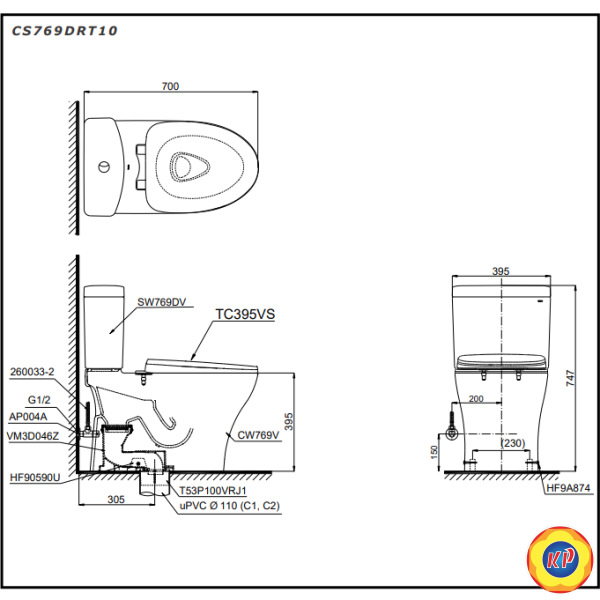 Bồn Cầu TOTO CS769DRT10 (CS769DRT10) 2 Khối Nắp Êm TC395VS
