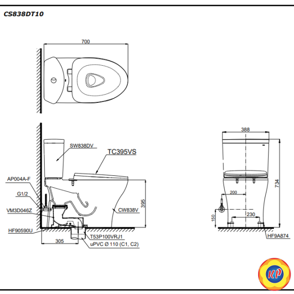 Bồn Cầu TOTO CS838DT10 (CS838DT10) 2 Khối Nắp Êm TC395VS