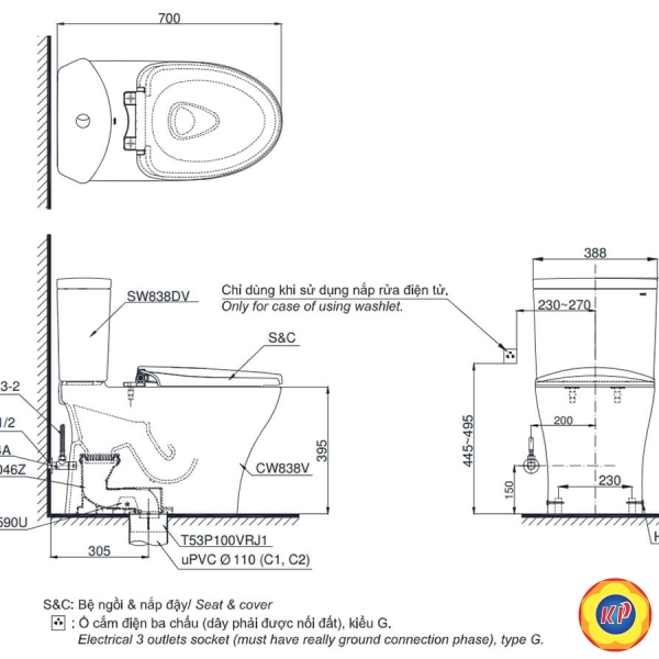 Bồn Cầu TOTO CS838DT2 (CS838DT2) 2 Khối Nắp Êm TC393VS