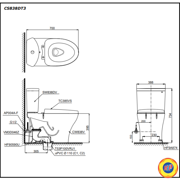 Bồn Cầu TOTO CS838DT3 (CS838DT3) 2 Khối Nắp Êm TC385VS