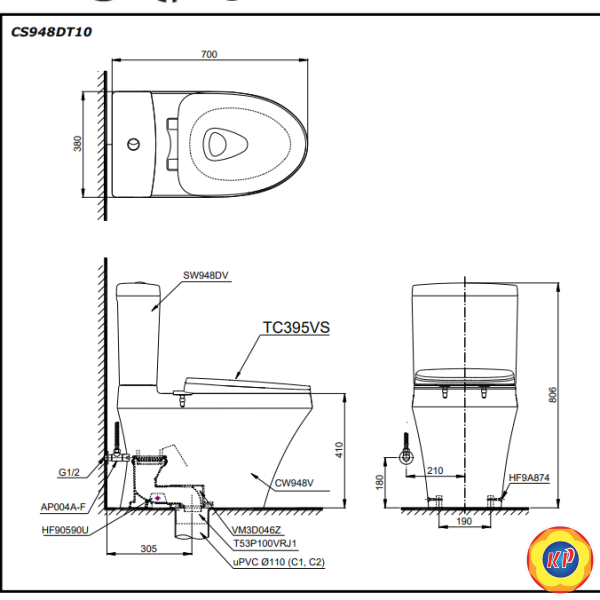 Bồn Cầu TOTO CS948DT10 (CS948DT10) 2 Khối Nắp Êm TC395VS
