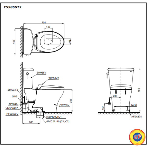 Bồn Cầu TOTO CS986GT2 (CS986GT2) 2 Khối Nắp Êm TC393VS