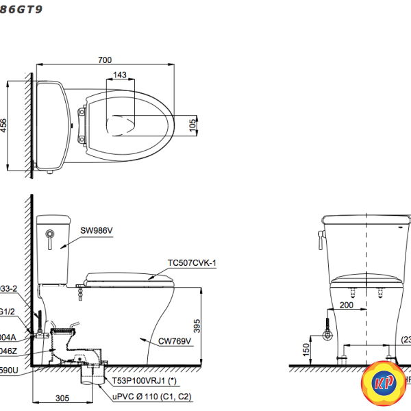Bồn Cầu TOTO CS986GT9 (CS986GT9) 2 Khối Nắp Êm TC507CVK-1