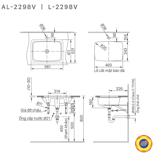 Chậu Rửa Lavabo Inax L-2298V (L2298V) Âm Bàn Chữ Nhật