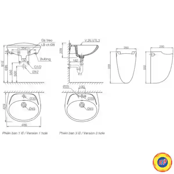 Chậu Rửa Lavabo Viglacera VTL3/VI5 Chân Treo