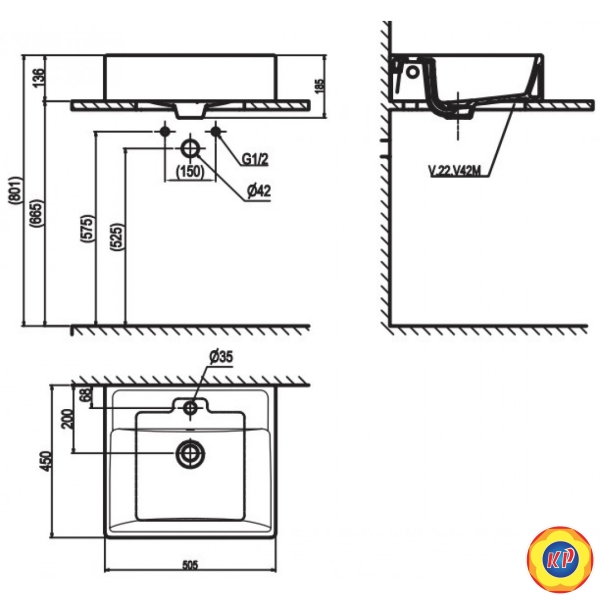 Chậu Rửa Lavabo Viglacera V42M Đặt Bàn Đá