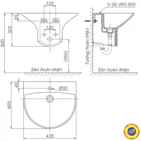 Chậu Rửa Lavabo Viglacera V63 Liền Khối Treo Tường