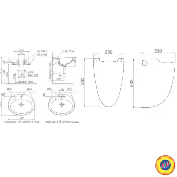 Chậu Lavabo Chân Treo Viglacera VTL2/BS503