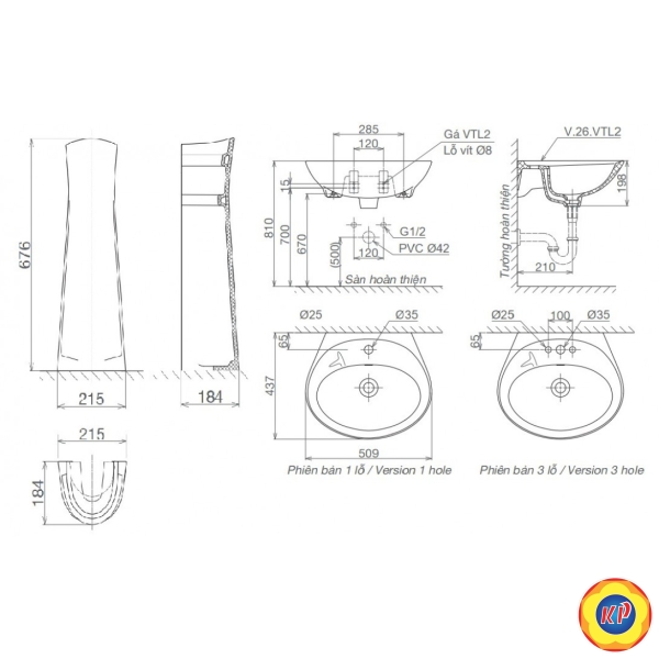 Chậu Lavabo Treo Tường Viglacera VTL2/VI1T (BS401/BS501)