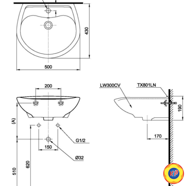 Chậu Lavabo TOTO LT300C Treo Tường