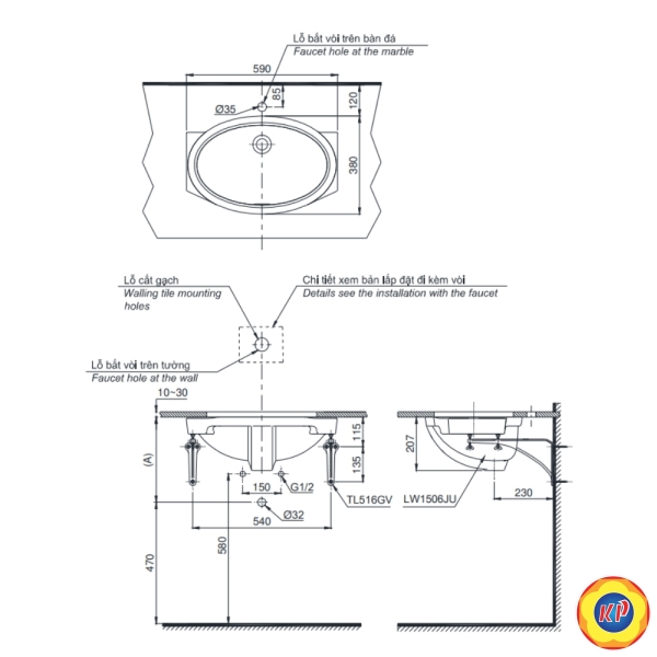 Chậu Lavabo TOTO LW1506V#XW Âm Bàn Oval