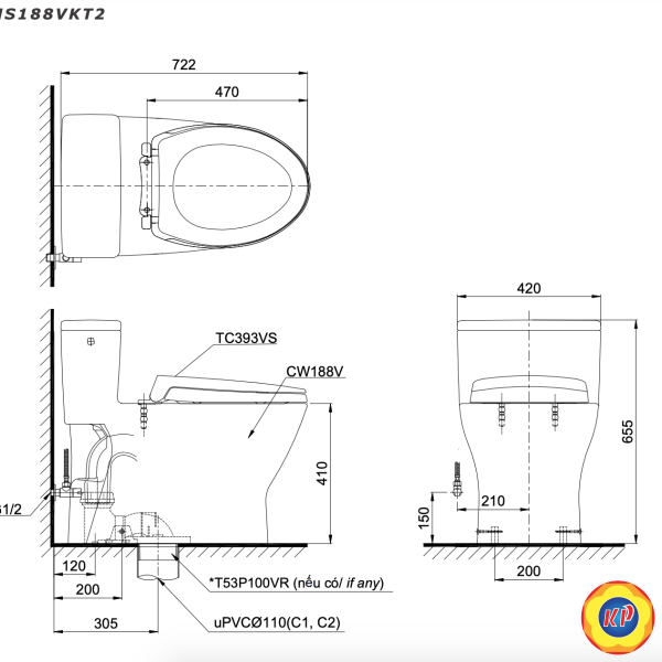 Bồn Cầu TOTO MS188VKT2 1 Khối Nắp TC393VS