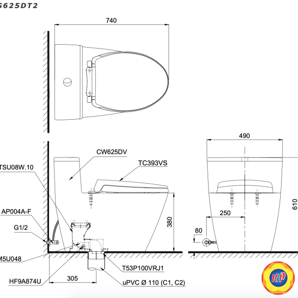 Bồn Cầu TOTO MS625DT2 1 Khối Nắp TC393VS