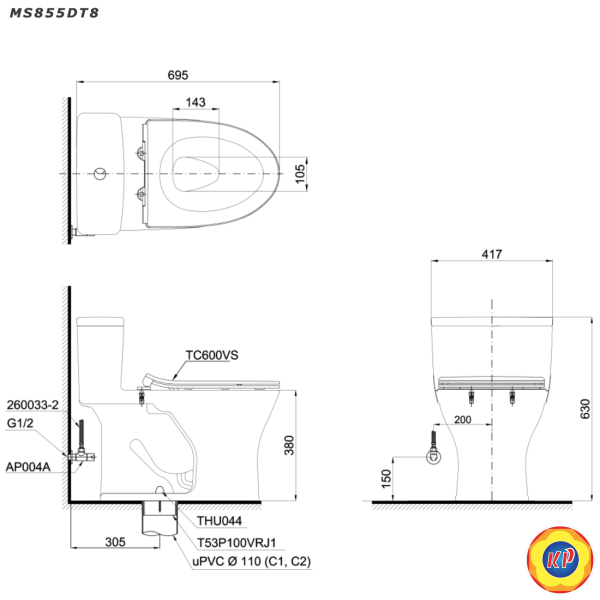 Bồn Cầu TOTO MS855DT8 Một Khối Nắp TC600VS