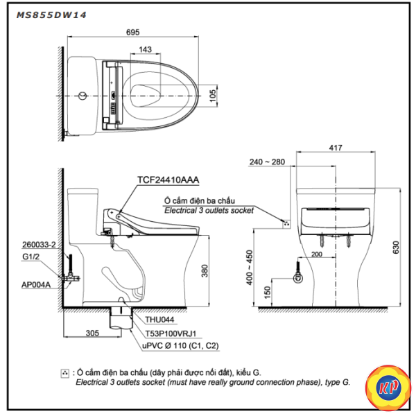Bồn Cầu Điện Tử TOTO MS855DW14