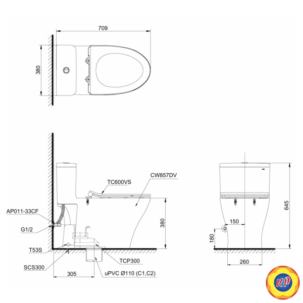 Bồn Cầu TOTO MS857DT8 1 Khối Nắp TC600VS