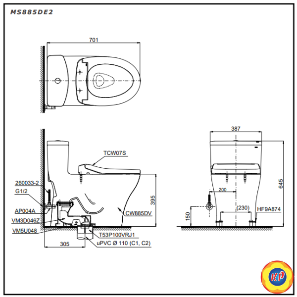 Bồn Cầu TOTO MS885DE2 Nắp Rửa Cơ