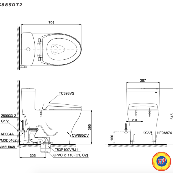Bồn Cầu TOTO MS885DT3 Một Khối Nắp TC385VS
