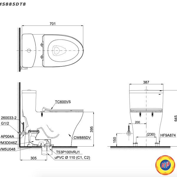 Bồn Cầu TOTO MS885DT8 Một Khối Nắp TC600VS