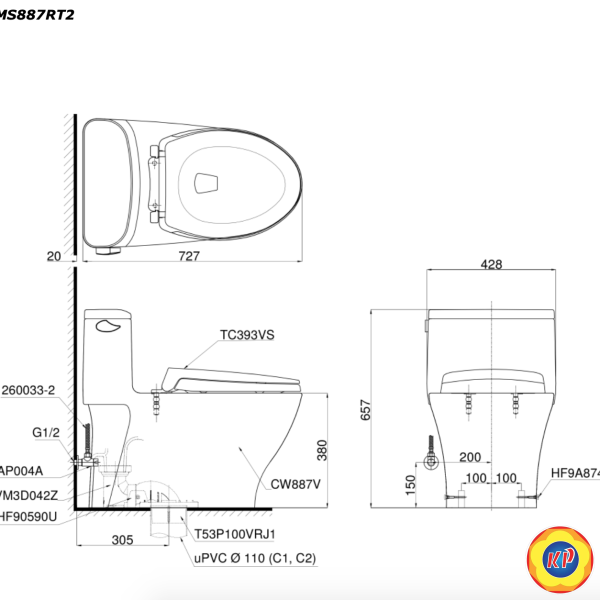 Bồn Cầu TOTO MS887RT2 1 Khối Nắp TC 393VS
