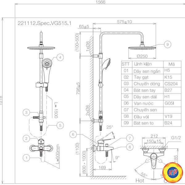 Vòi Sen Cây Viglacera VG515.1 Nóng Lạnh