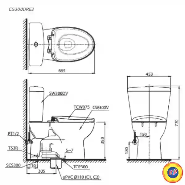 Bồn Cầu TOTO CS300DRE2 Hai Khối Nắp Cơ