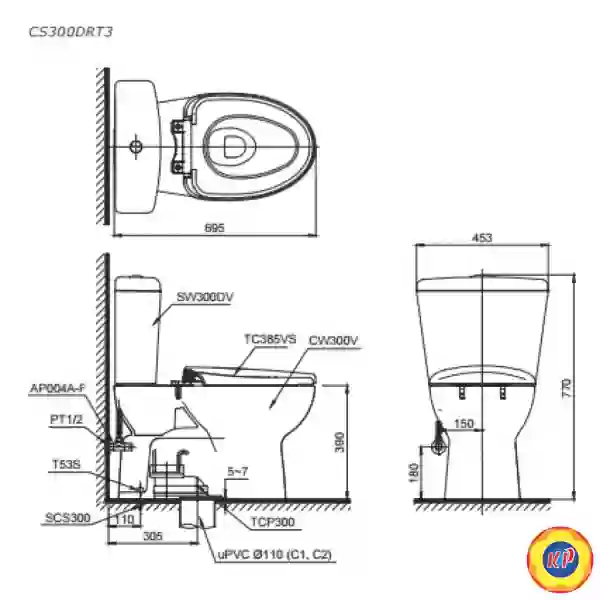 Bồn Cầu Hai Khối TOTO CS300DRT3 Nắp TC385VS