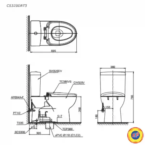 Bồn Cầu Hai Khối TOTO CS320DRT3 (C320R, S320D) Nắp TC385VS