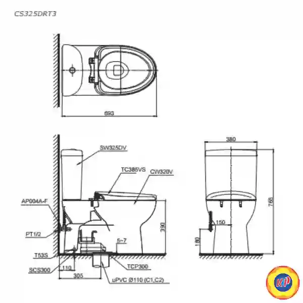 Bồn Cầu Hai Khối TOTO CS325DRT3 (C320R, S325D) Nắp TC385VS