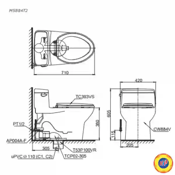 Bàn Cầu TOTO MS884T2 (C884) 1 Khối Nắp TC393VS