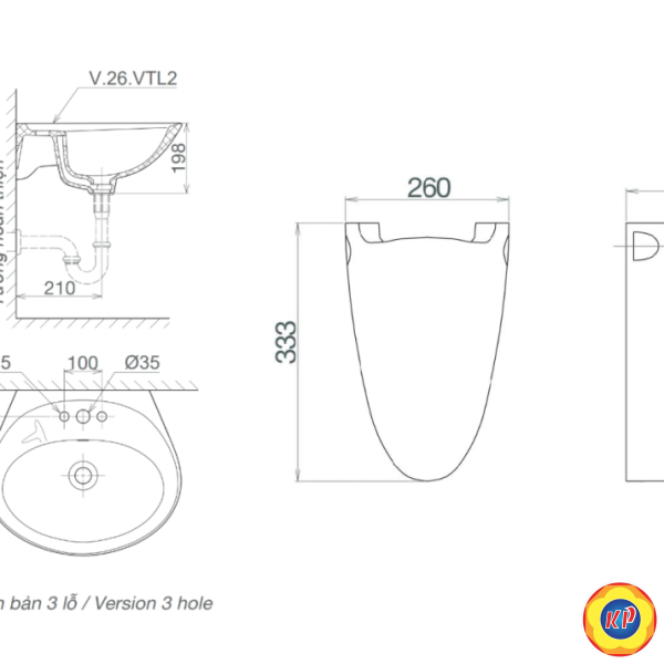 Chậu Lavabo Chân Treo Viglacera VTL2/BS503