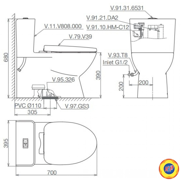 Bồn Cầu Viglacera V808 Vắp V39 1 Khối Nano Titan + VG826