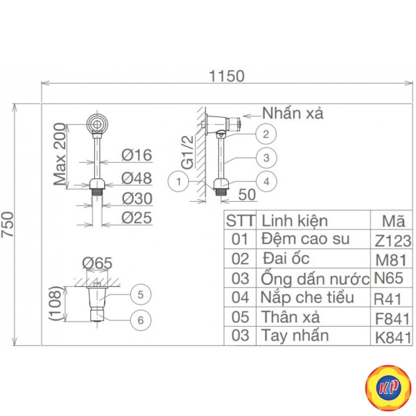 Van Xả Bồn Tiểu Nam Viglacera VG841 Nhấn Ống Thẳng