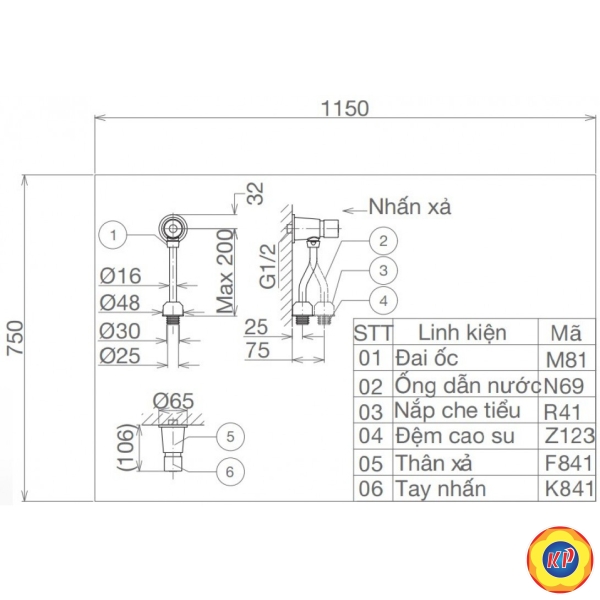 Van Xả Bồn Tiểu Nam Viglacera VG841.1 Nhấn Ống Cong