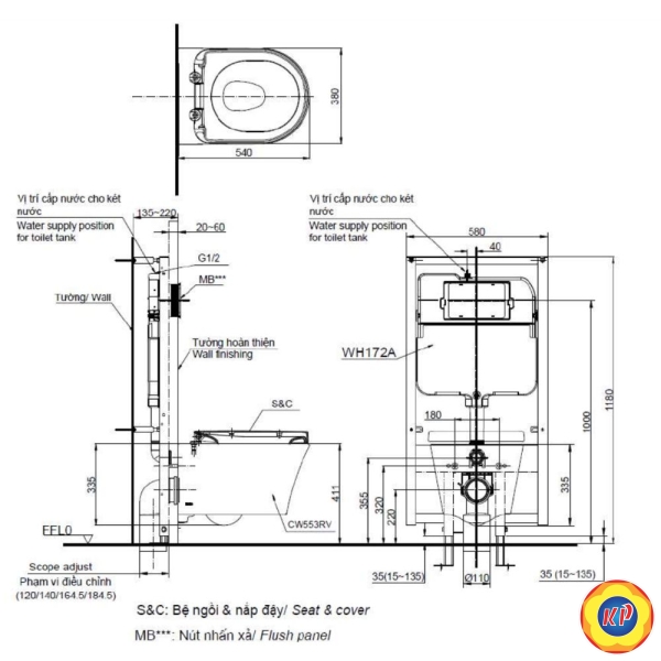 Bồn Cầu CW553/WH172A/TC384CVK/MB174P#WH Treo Tường