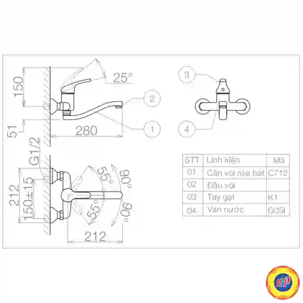 Vòi Bếp Viglacera VG701 Nóng Lạnh Gắn Tường